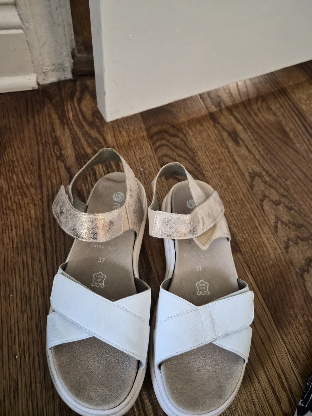 Remonte White Sandals with Metallic Gold Ankle Strap